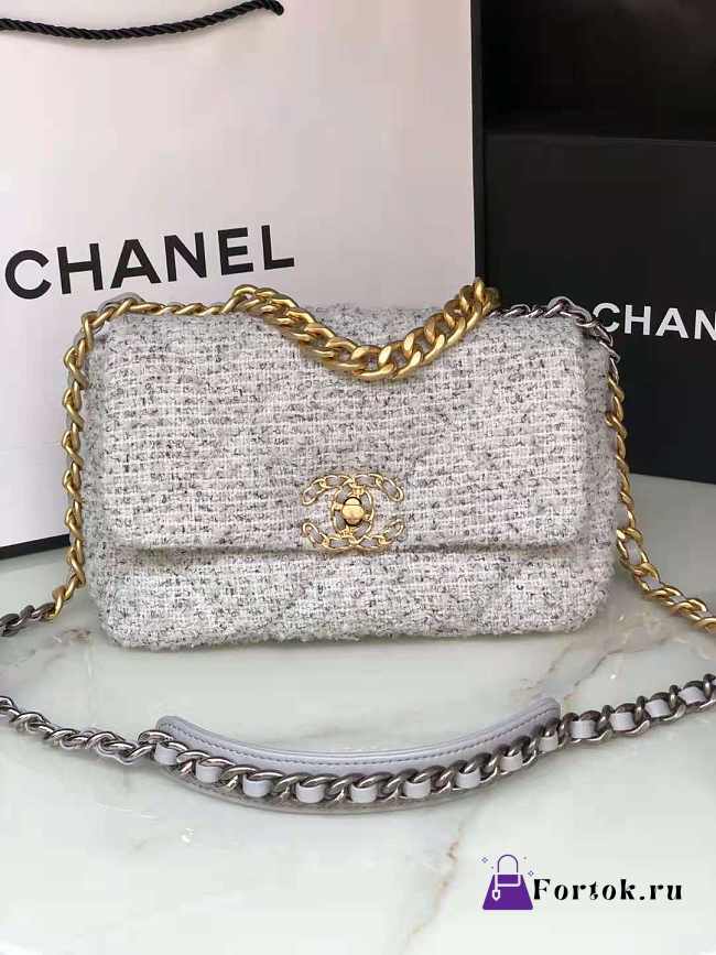 CHANEL 19 Handbag Tweeds Grey & Ecru AS1160 26cm - 1