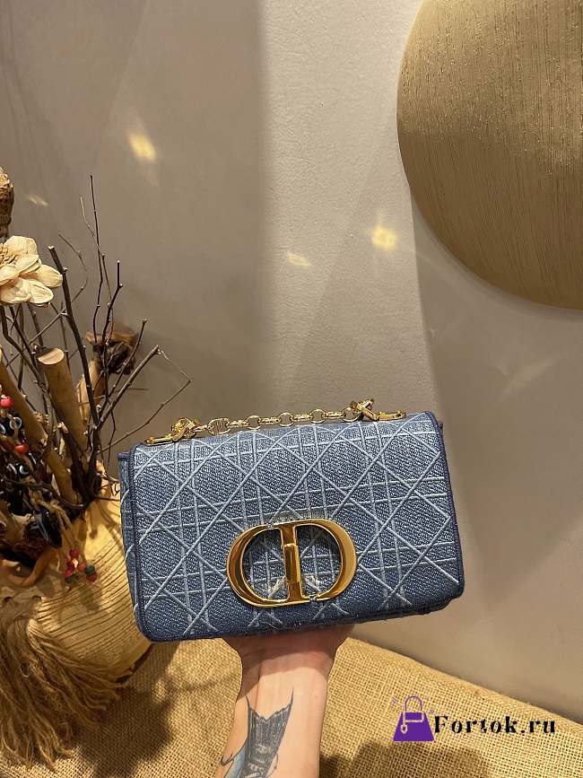 Small DIOR CARO BAG Denim Blue Cannage Embroidery CD Buckle M9241U - 1
