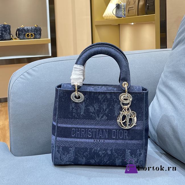 DIOR MEDIUM LADY D-LITE BAG Blue Flowers Embroidered Denim M0565OJ - 1