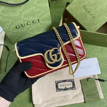 GUCCI GG Marmont super mini bag Online Exclusive Blue and red diagonal matelassé leather 574969 