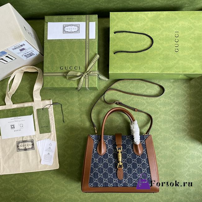 GUCCI Jackie 1961 medium tote bag Dark Blue and Ivory eco washed organic GG jacquard denim 649016 30cm - 1