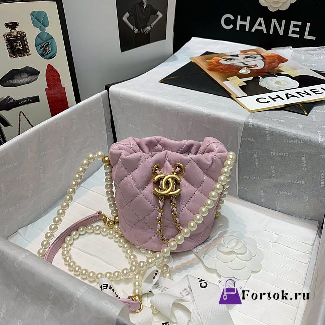 CHANEL MINI BUCKET BAG Calfskin, Imitation Pearls Light Pink AS2529 12cm - 1