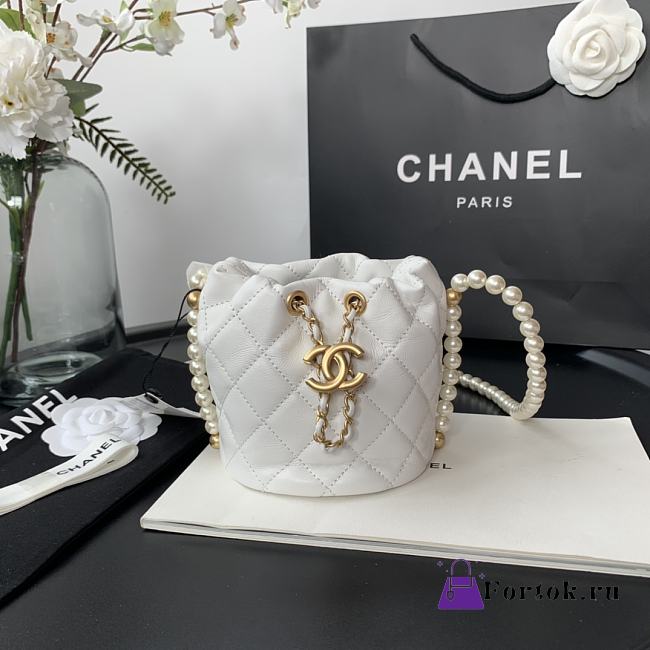 CHANEL MINI BUCKET BAG Calfskin, Imitation Pearls White AS2529 12cm - 1