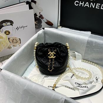 CHANEL MINI BUCKET BAG Calfskin, Imitation Pearls Black AS2529 12cm 