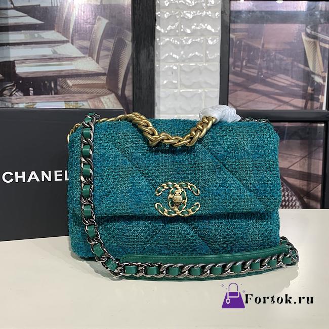 CHANEL 19 Handbag Tweeds Mallard Green & Ecru AS1160 25cm - 1