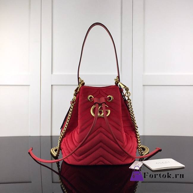 GUCCI GG Marmont Velvet  Bucket Bag Red 525081 22cm - 1