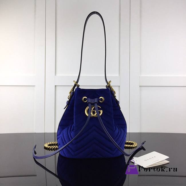 GUCCI GG Marmont Velvet Bucket Bag Blue 525081 22cm - 1