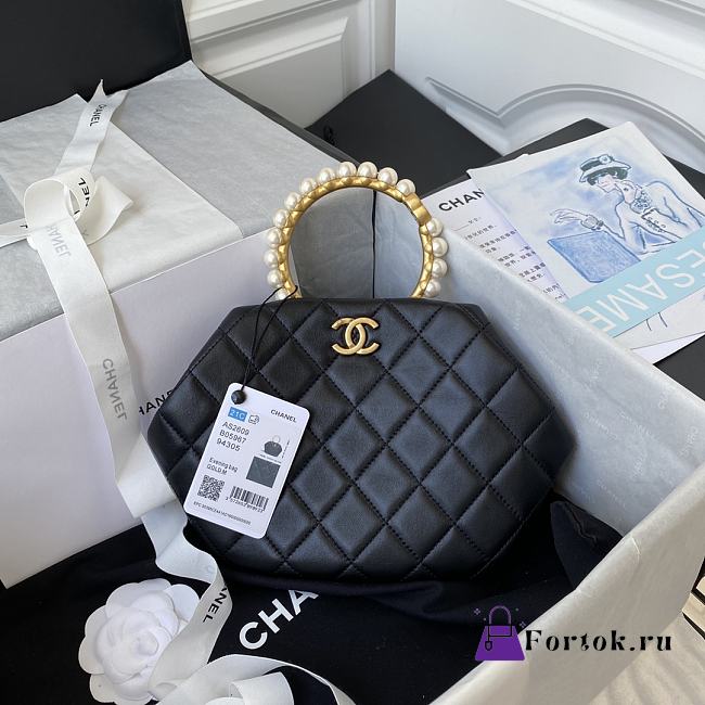 CHANEL Clutch Lambskin Artificial Pearl Top Handle Bag Black AS2609 30cm - 1