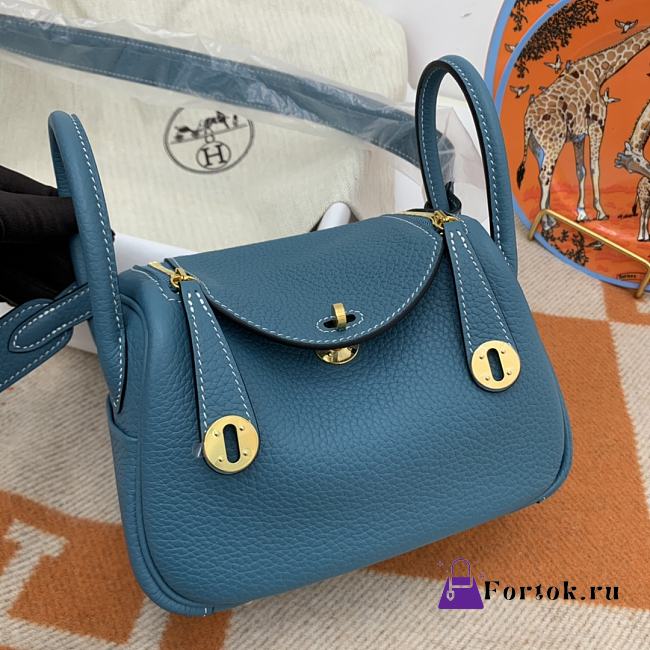 Hermès Mini Lindy Clemence Leather 75 Denim Blue Gold Buckle 19cm - 1