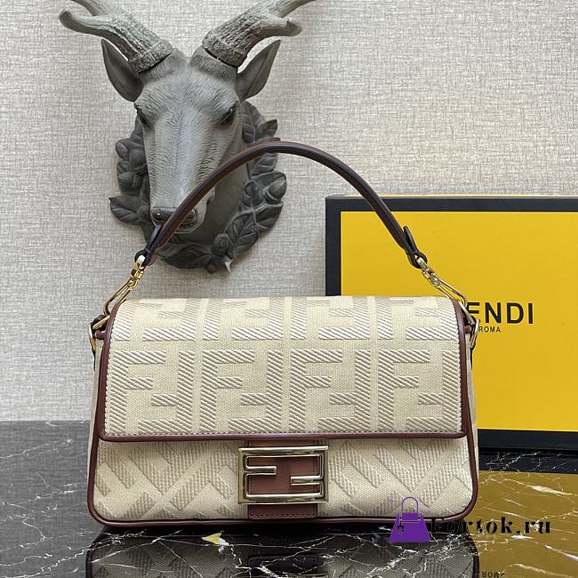 Fendi Baguette Embroidered Canvas Cream 980880 26cm - 1