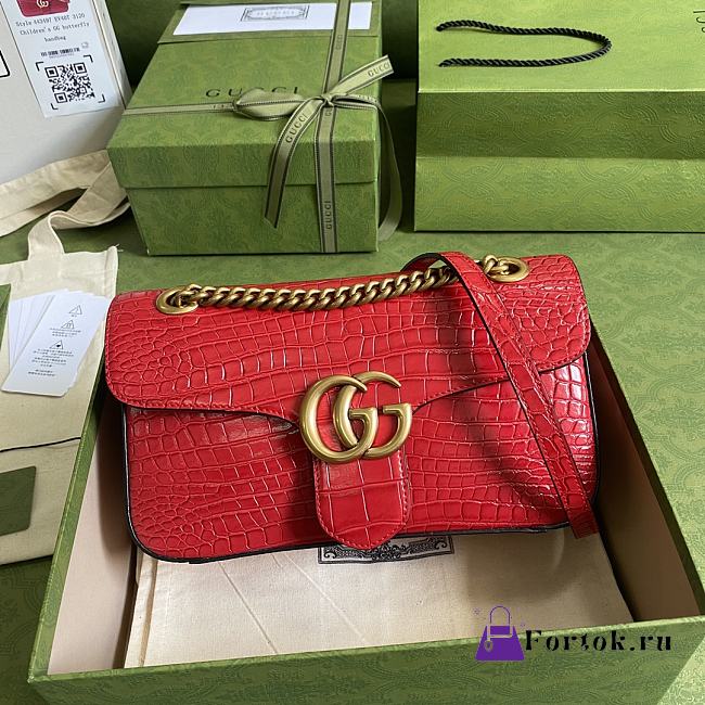 GUCCI GG Marmont Small Shoulder Bag Crocodile Leather Red ‎443497 26 cm - 1