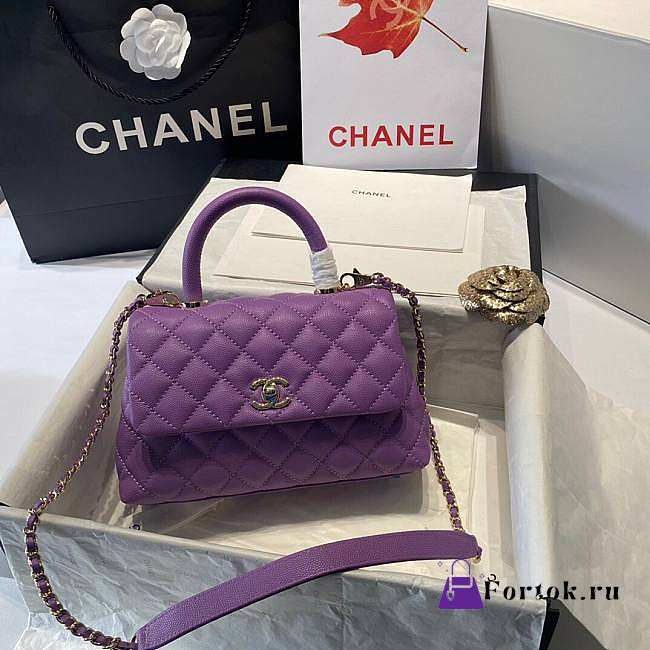 Chanel Small Coco Grained Calfskin with Handle Purple A92993 23.5cm - 1