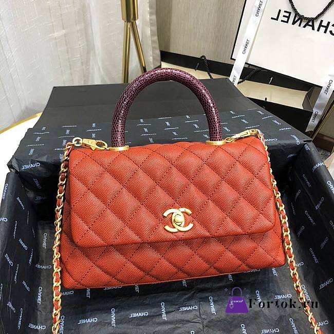 Chanel Small Coco Grained Calfskin with Handle Orange A92993 23.5cm - 1