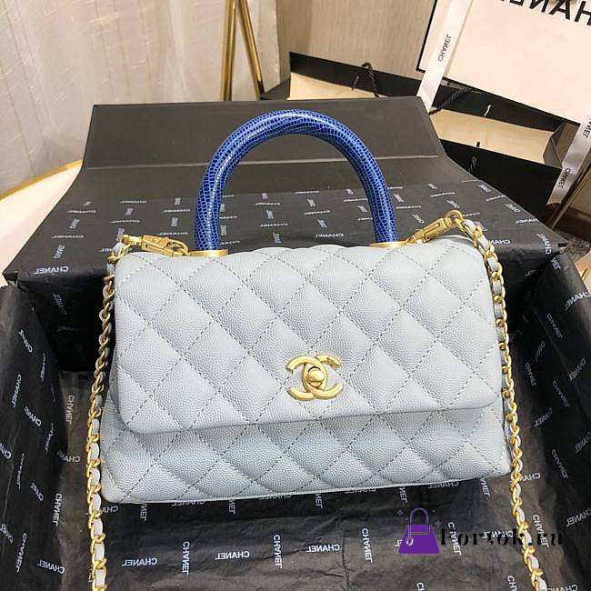 Chanel Small Coco Grained Calfskin with Handle Light Blue A92993 23.5cm - 1