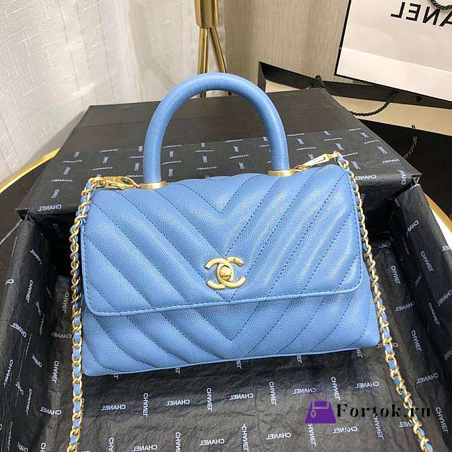 Chanel Small Coco Grained Calfskin V Quilting Flap Bag Blue A92993 23.5cm - 1
