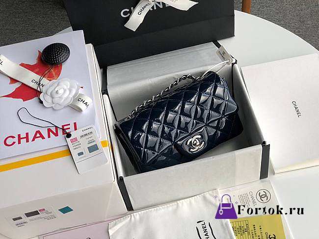 Chanel Mini Classic Flap Bag Dark Blue Patent/Silver Metal A69900 20cm - 1