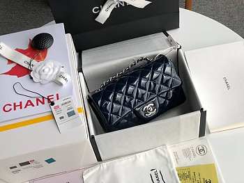 Chanel Mini Classic Flap Bag Dark Blue Patent/Silver Metal A69900 20cm