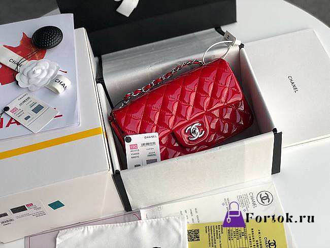 Chanel Mini Classic Flap Red Patent/Silver Metal A69900 20cm - 1