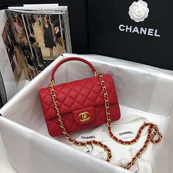 Chanel Mini Flap Bag With Top Handle Grained Calfskin Red AS2431 20x14x7cm