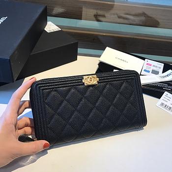 Chanel Boy Long Zipped Wallet Gold Metal Grained Leather Black A80815 19cm