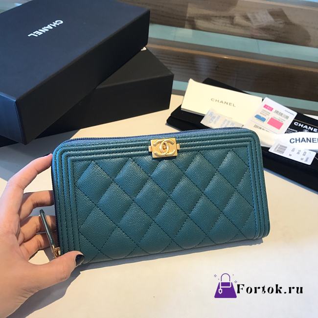 Chanel Boy Long Zipped Wallet Grained Leather Teal A80815 19cm - 1