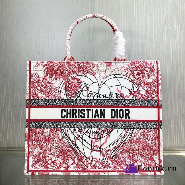 Dior Large Book Tote Red and White D-Royaume d'Amour Embroidery M1286 41.5x38x18cm - 1