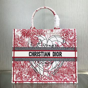 Dior Large Book Tote Red and White D-Royaume d'Amour Embroidery M1286 41.5x38x18cm