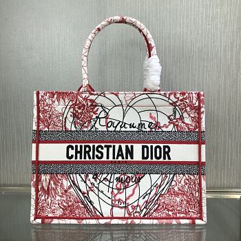 Dior Small Book Tote Red/White D-Royaume Embroidery M1296 36.5x28x17.5cm