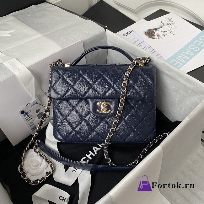 Chanel Mini FLap Bag With Top Handle Crumpled Leather Navy Blue AS2892 20x15x6.5cm - 1