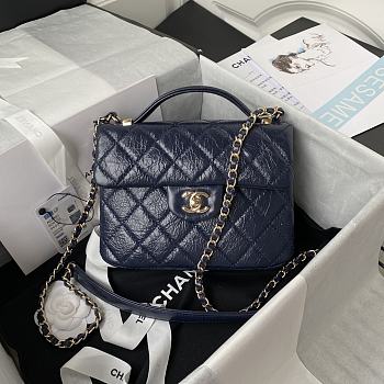 Chanel Mini FLap Bag With Top Handle Crumpled Leather Navy Blue AS2892 20x15x6.5cm