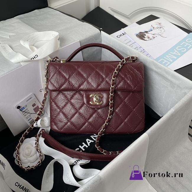 Chanel Mini FLap Bag With Top Handle Crumpled Leather Red AS2892 20x15x6.5cm - 1