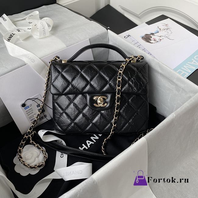 Chanel Mini FLap Bag With Top Handle Crumpled Leather Black AS2892 20x15x6.5cm - 1