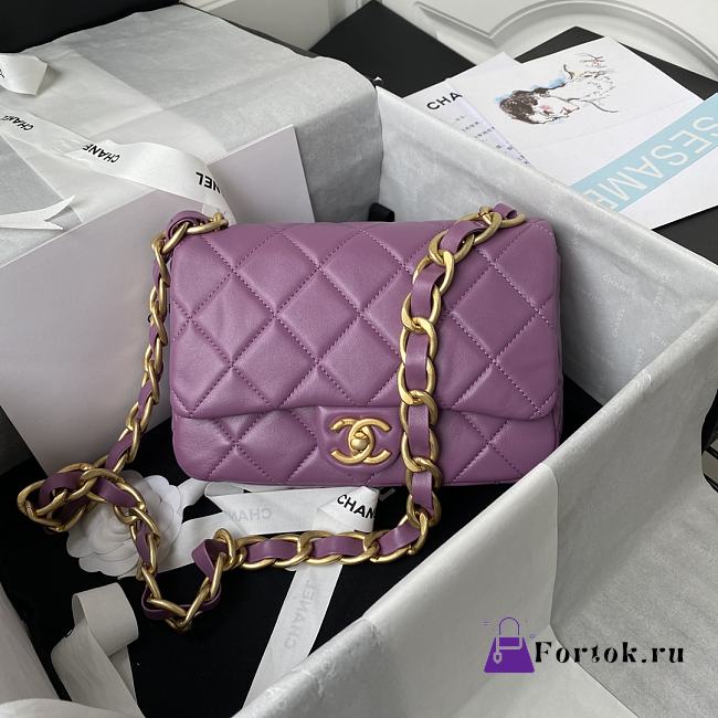Chanel Flap Bag With Big Chain Leather Purle 22×5×15.5cm - 1