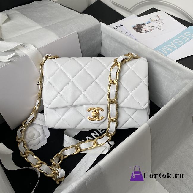 Chanel Flap Bag With Big Chain Leather White 22×5×15.5cm - 1