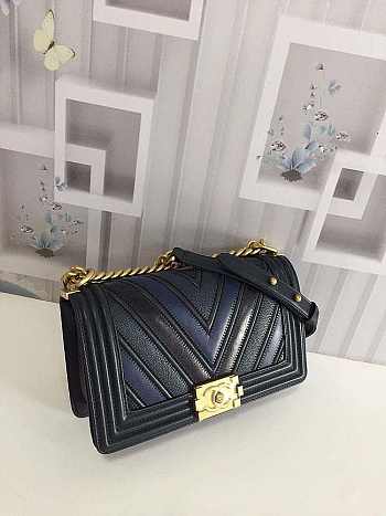 Chanel Medium Chevron Mix Leather Flap Boy Bag Blue A67086 25x16x9cm