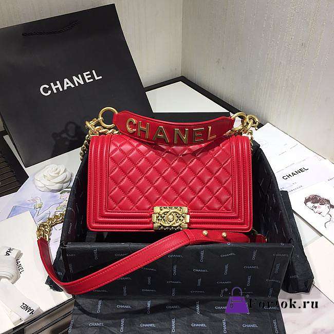 Chanel Original Lambskin Leather Boy Flap Bag Red 25cm - 1