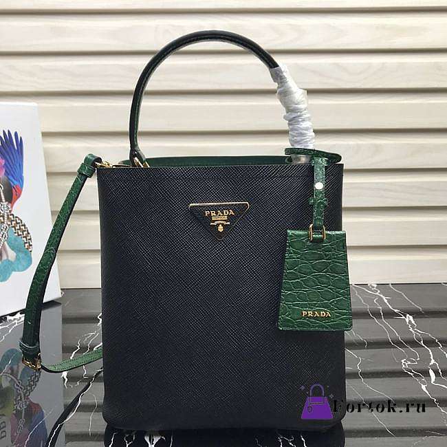 Prada Medium Panier Saffiano Leather Bag Black/Green 1BA212 22×23×13cm - 1