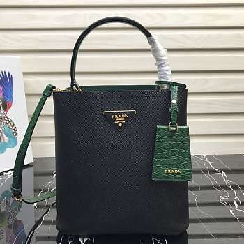 Prada Medium Panier Saffiano Leather Bag Black/Green 1BA212 22×23×13cm