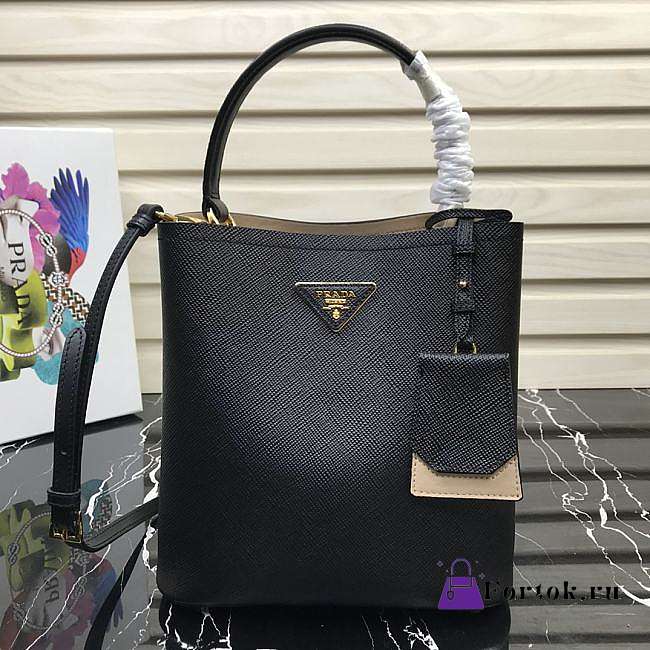 Prada Medium Panier Saffiano Leather Bag Black/Cream 1BA212 22×23×13cm - 1