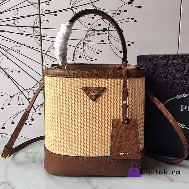 Prada Medium Straw Panier Bag Tan Brown 1BA212 13x22x23cm - 1