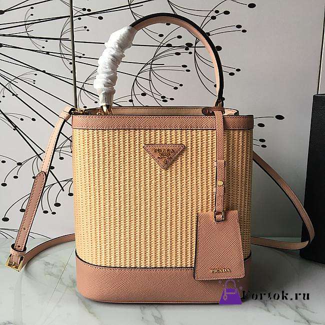 Prada Medium Straw Panier Bag Tan Powder Pink 1BA212 13x22x23cm - 1