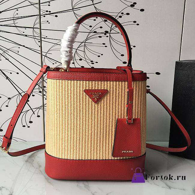 Prada Medium Straw Panier Bag Tan Red 1BA212 13x22x23cm - 1