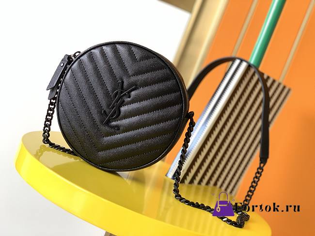 Ysl Vinyle Round Camera Bag In Chevron-Quilted Grain De Poudre Embossed Leather Black 6104361 17x17x5.5cm - 1