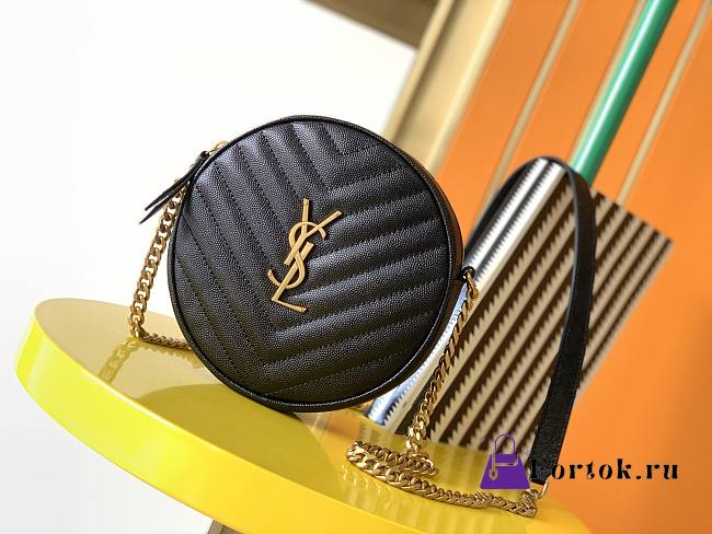 Ysl Vinyle Round Camera Bag In Chevron-Quilted Grain De Poudre Embossed Leather Black/Gold Metal 6104361 17x17x5.5cm - 1