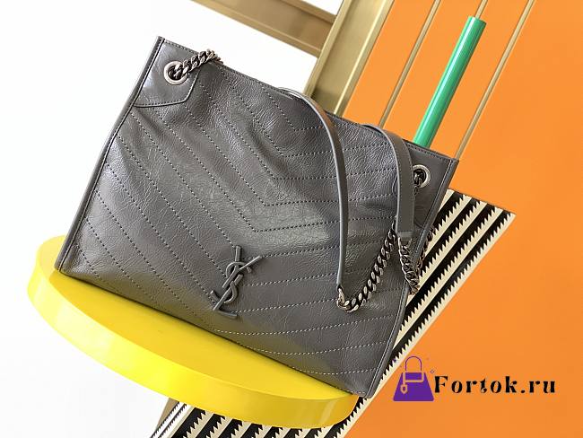 Ysl Medium Niki Shopping Bag In Crinkled Vintage Leather Dark Gray 577999 33x27x11.5cm - 1
