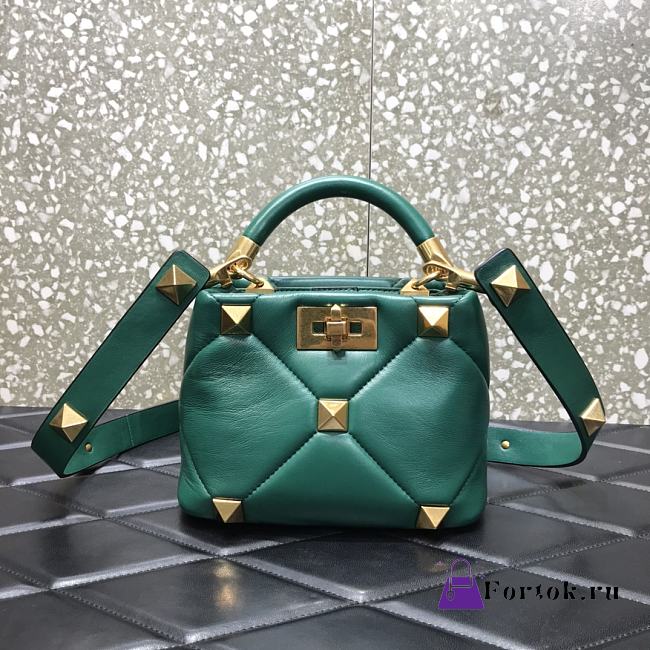 Valentino Small Roman Stud The Handle Bag In Nappa Teal B0I97BSF 20×9×15cm - 1