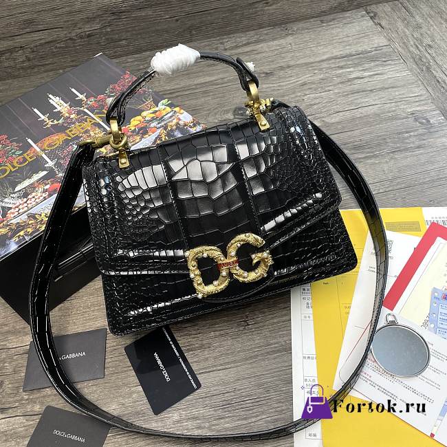 Dolce Gabbana DG Amore Bag In Crocodile Leather Black BB6675 27x8x18cm - 1