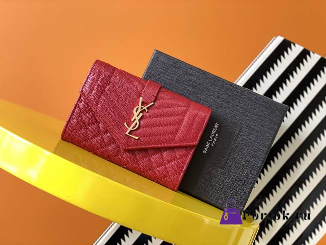 Ysl Small Monogram Envelope Walltet Grained Leather Red 651026 13.5x9.5x3cm - 1