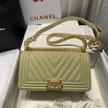 Chanel Medium Boy Bag Chevron Gold-tone Metal Grained Leather Olive Green A67086 25cm