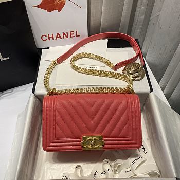 Chanel Medium Boy Bag Chevron Gold-tone Metal Grained Leather Peach A67086 25cm